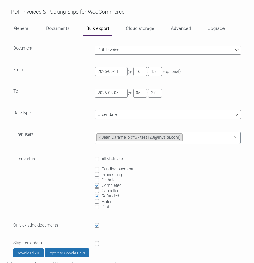 An image of the bulk export page