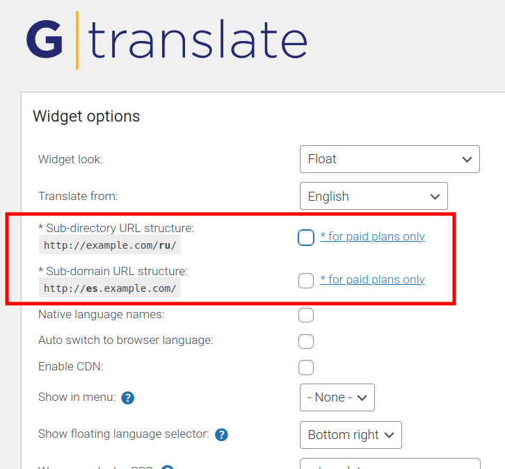 An image of GTranslate settings