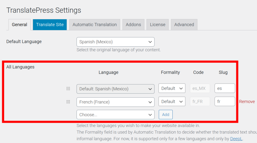 An image showing multiple-language options in TranslatePress
